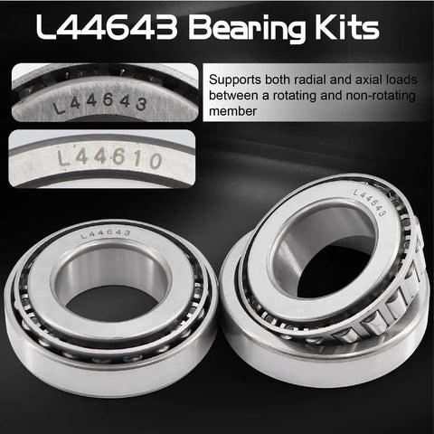 Close-up of Four Set L44643 Beefy Bearing Kit For 1 Inch Trailer Axle Wheel Hub Includes L44610 Bearings.