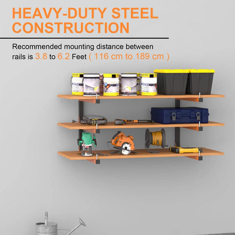 Heavy Duty Wall Mount Lumber Rack With Nine Level System Holds 1080 Lb For Garage Wood Storage, showing tools and materials.