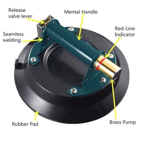 Heavy Duty 9 Inch Vacuum Concave Suction Cup for Granite and Glass Lifting, featuring metal handle and brass pump.