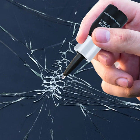 No Fuss Windshield Crack Repair Kit for Chips and Small Cracks, Auto Glass Repair Fluid being applied to cracked windshield