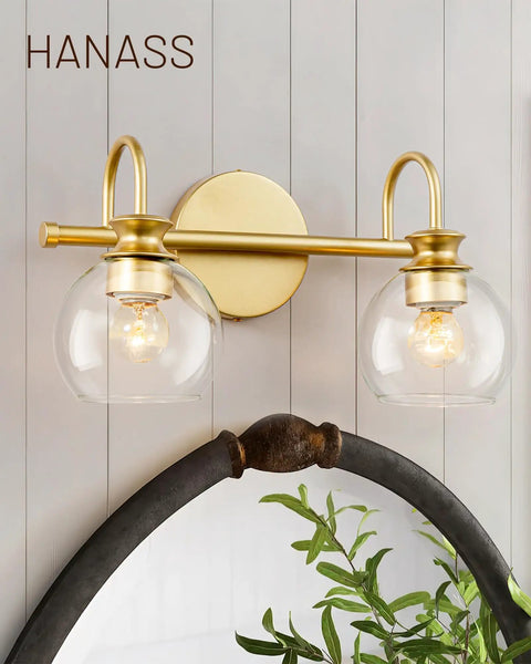 Gold Finish 15 Inch Two Light Vanity Light With Clear Globe Glass Shades Dope Modern Steel Bath Fixture Over Mirror