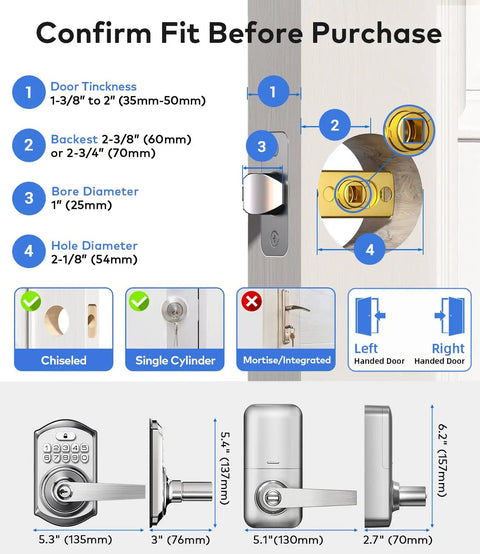 Dimensions and fit guide for the Knockout Smart Keypad Door Lock With Handle For Front Door Entry featuring measurements and installation notes.