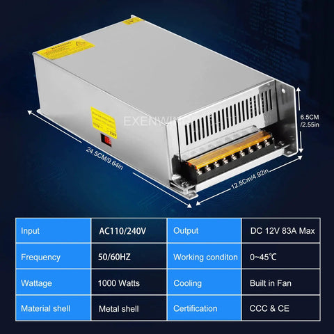 Universal 12V 83A 1000W Switch Mode Power Supply Converter From 110V Or 220V AC To DC 12V Regulated LED Driver dimensions