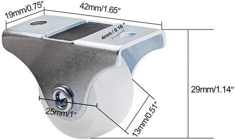Dimensions of 1-inch rigid caster wheels with metal top plate, showing measurements for easy fitting on furniture.