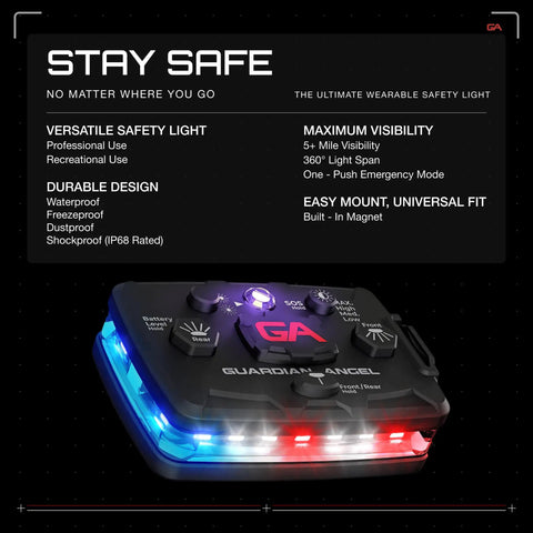 Elite Hands Free Safety Light With Infrared Hybrid Beams Front Red Blue White And Rear Red Blue Rechargeable Magnetic Wearable Flashlight for law enforcement and first responders, shown with illuminated control panel and colored LED lights.