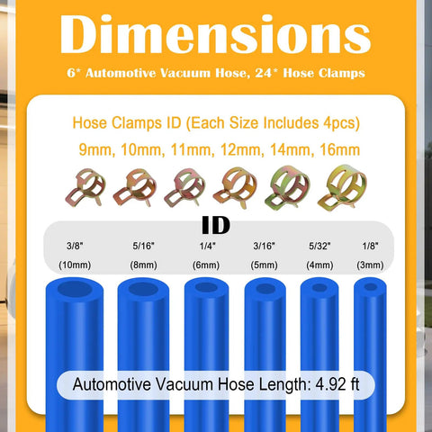 Premium 6PC 5Ft Silicone Vacuum Hose Kit With 64 Connectors And 24 Clamps For Cars Featuring Various Sizes To Fit Water Or Air Lines Perfect For DIY Auto Mods And Racing Fixes. size chart with 9mm to 16mm clamps and 4.92 ft hoses
