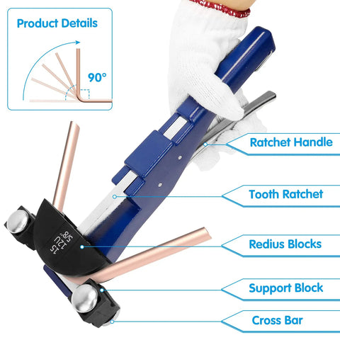 Ratcheting Tube Bender Kit For HVAC And Refrigeration Pros, Carry Case Included, blue ratchet handle with copper tubing displayed.