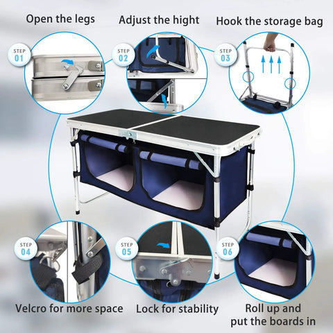 Grab And Go Outdoor Folding Camping Table With Lightweight Aluminum Frame, Height Adjustable Legs And Built In Storage