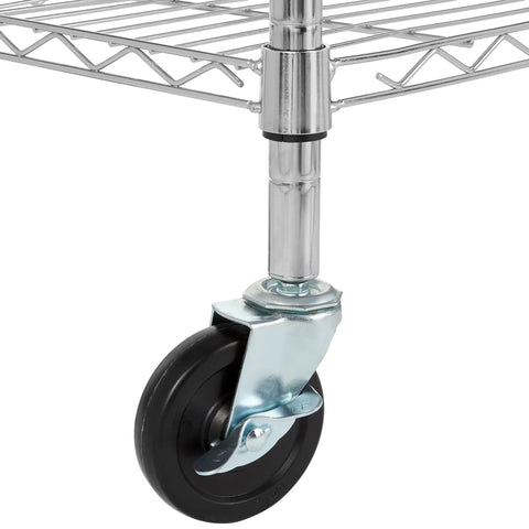 Close-up of smooth glide caster wheel on Easy Roll Kitchen Cart With Smooth Glide Caster Wheels And Custom Fit Wooden Top Plus Dual Chrome Shelves For Microwaves Or Mini Coolers Heavy Duty Mobile Storage Organizer Rack.