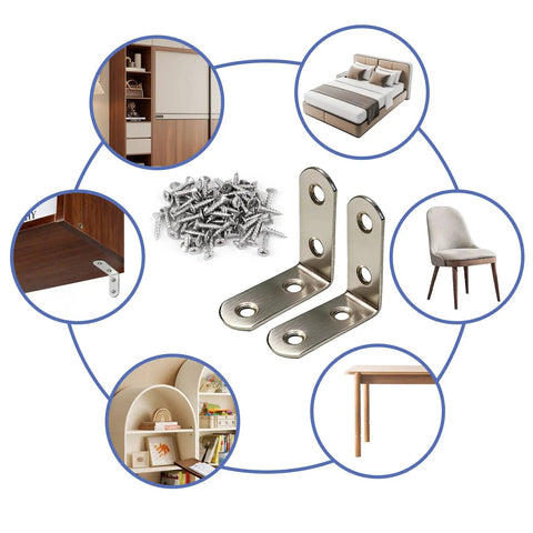 Five Heavy Duty L Shelf Brackets In Premium Stainless Steel For 90 Degree Corner Bracing On Wood Shelves and Furniture with screws and furniture.