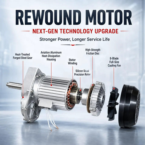 Rewound motor with next-gen technology showing heat-dissipation housing, steel gear, and cooling fan for electric hoist use.