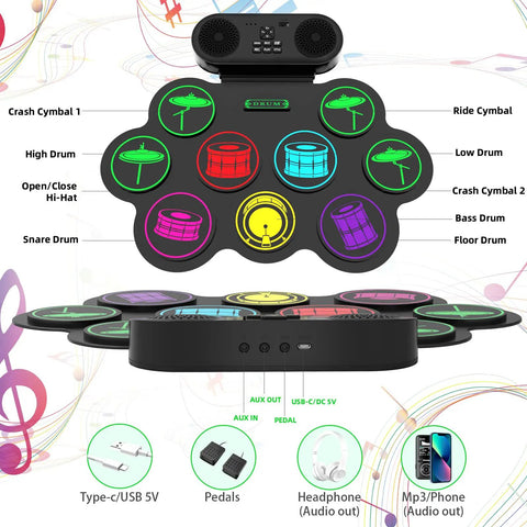 Roll Up 9 Pad MIDI Electronic Drum Set With Headphone Jack Built In Dual Speakers, showing drum pads and connectivity options