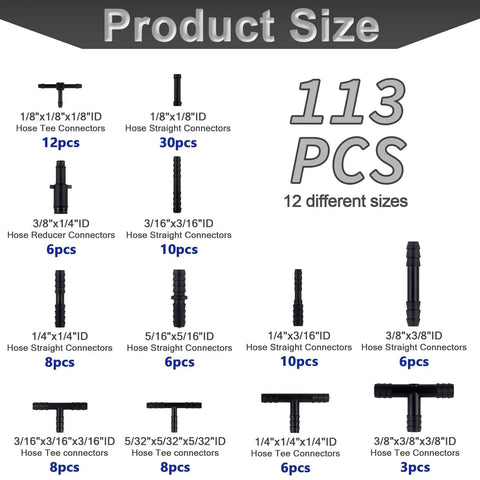 Diagram showing 113 connectors included in the All In One Vacuum Line Kit With Six Five-Foot Hoses And 113 Connectors, Silicone Vacuum Tubing For Car Piping System, Auto Replacement Hoses Up To 130 PSI.