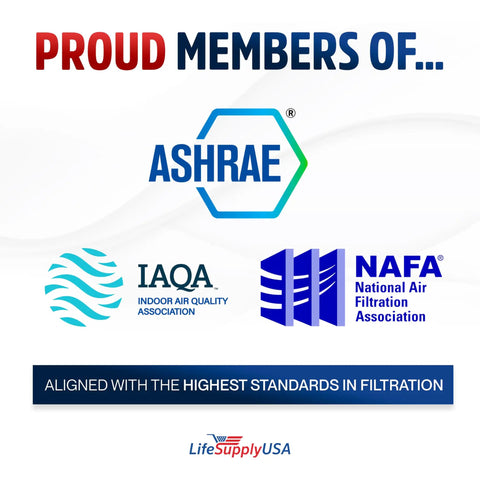 Logos of ASHRAE, IAQA, and NAFA organizations with LifeSupplyUSA caption on a white background.