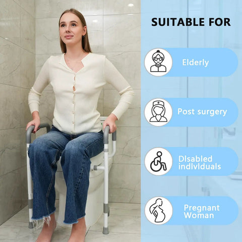 Heavy Duty Raised Toilet Seat Riser With Secure Armrests And Soft Grip Handles And Solid Frame Setup in bathroom with user.
