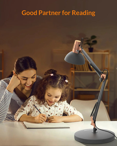 Rock Solid Metal Desk Lamp With Swing Arm And Clamp For Home Office Reading Light Built Tough Base Adjustable Task Lighting that illuminates a mother and daughter drawing together.