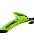 Heavy Duty Box Cutter Utility Knife With Tape Splitter And Film Cutter, green handle with 3-position retractable blade