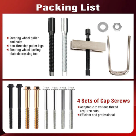 Steering Wheel Puller And Lock Plate Removal Tool Kit with compressor remover, bolts, puller legs, screws on red background.