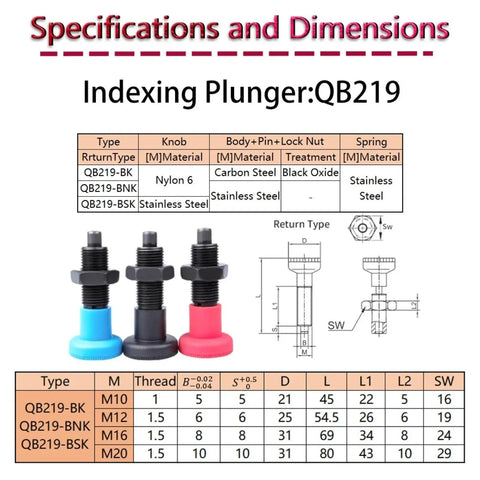 Dead On Accurate Rock Solid Grip Slick Stainless M10 To M20 Spring Loaded Indexing Plunger With Locking Nut specifications chart.