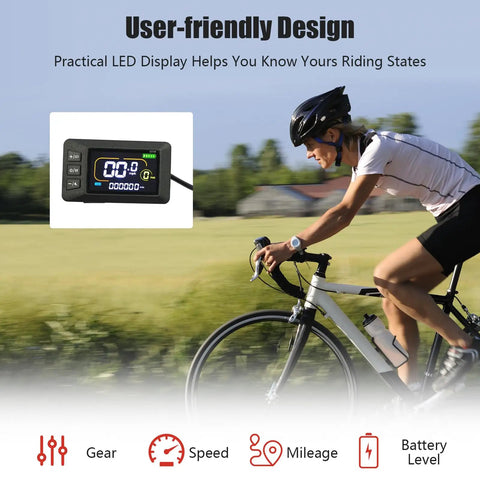 Cyclist using 1500W Front Wheel Hub Motor Conversion Kit For 26 Inch By 4 Inch E Bike DC 48V with LCD display shown.