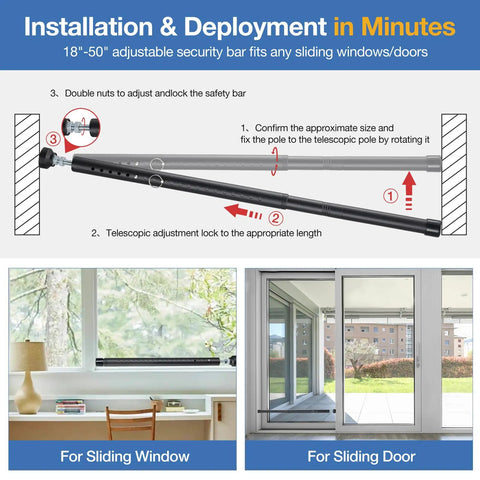 Adjustable Door Security Bar And Window Jammer, 18 To 50 Inch Reach, Heavy Duty Steel Build, installation steps for sliding windows and doors