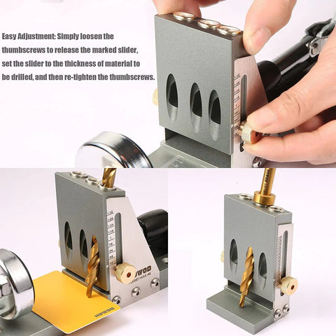 All Metal Pocket Hole Jig Kit For Pros with hardened steel sleeves and titanium stepped drill bits in use