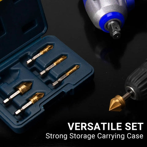 Six Piece Countersink Drill Bit Set With M35 Cobalt HSS in storage case with hex shank, showing five flutes for metal and wood use.
