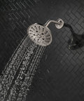Universal Showering Components Showerhead With Lumicoat Stainless Finish For Easy Wipe Clean And Mineral Buildup Resistant H2Okinetic Technology Delivers More Water And Powerful Coverage With PowerDrench Spray