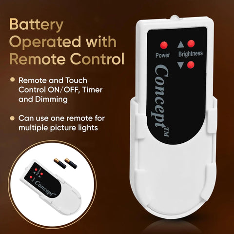 Battery Operated Picture Light With Remote Control, Dimmable Wireless Wall Art Light remote with power and brightness buttons