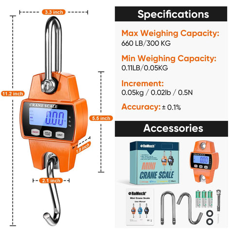 Rock Solid Heavy Duty Digital Hanging Scale Premium Aluminum Crane Gauge 660 Lb Capacity showing detailed specifications and features.