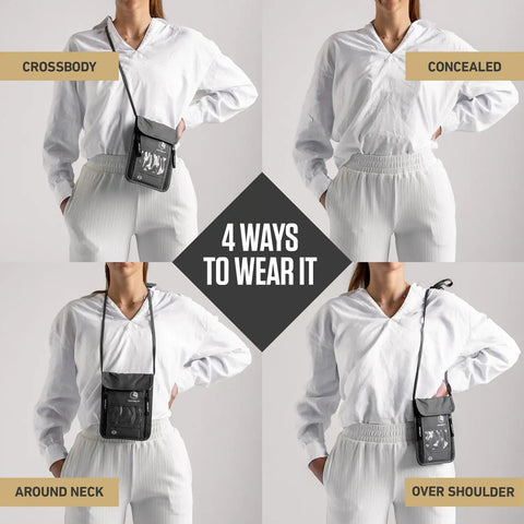 Stealthy Hidden Neck Wallet For Travel With RFID Blocking Passport Holder, worn in four ways: crossbody, concealed, around neck, over shoulder.
