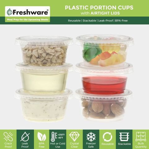 Heavy Duty 2 Oz Disposable Portion Cups With Airtight Lids Bulk 200 Piece Grab Bag stacked with dressings and snacks.