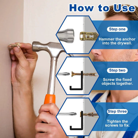 Heavy Duty Self Drilling Drywall Anchors Kit With Screws For No Drill Wall Mounts, Rust Resistant Yellow Zinc Plated Carbon Steel Anchors, step-by-step install