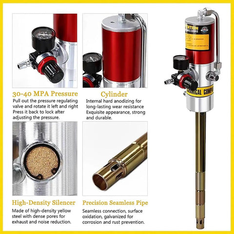 Heavy Duty 50 To 1 Air Grease Pump For 55 Gallon Drums With Drum Cap showing pressure, cylinder, silencer, and pipe details