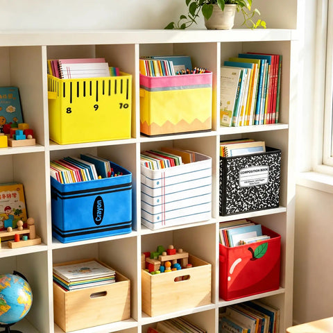 Six Pack Collapsible Fabric Storage Bins With Sturdy Handles For Classroom And Playroom on shelf, holding books and supplies.