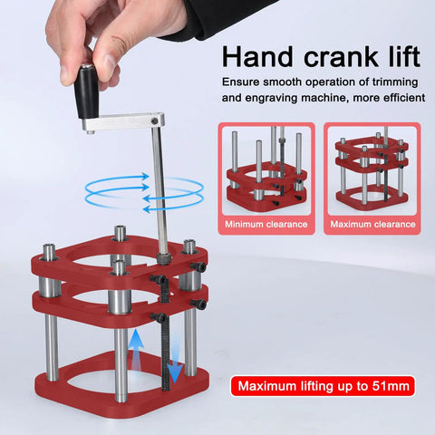 Hand crank lift mechanism for Rock Solid Aluminum And Stainless Steel Universal Router Table Insert Plate for precise adjustments.
