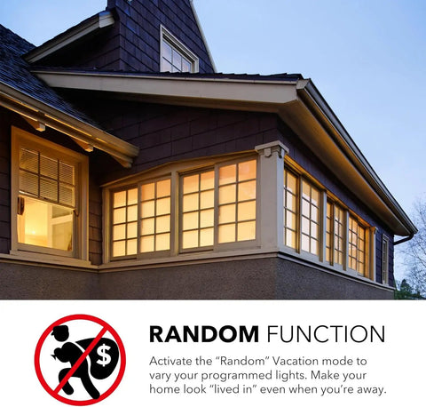 House with lit windows using Indoor Digital Light Timer With 7 Day Programmable Plug In Dual 3 Prong Outlets For Lamps and Fans