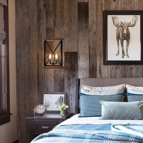 Four Light Wood Grain Black Cage Pendant Lamp in a rustic farmhouse style bedroom setting