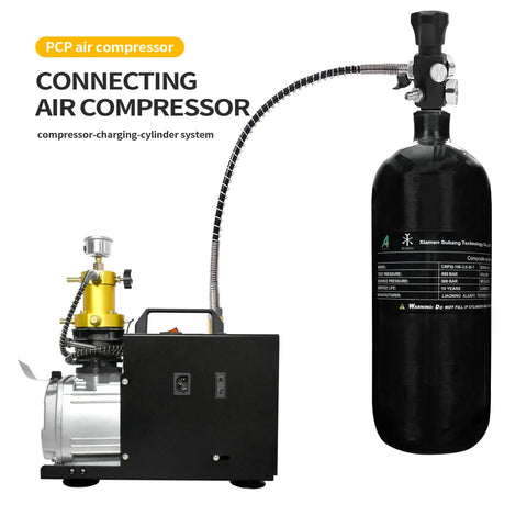 4500 Psi Carbon Fiber Air Tank 2L With Regulator Gauge For PCP Paintball Fill Station Scuba Tank connected to air compressor