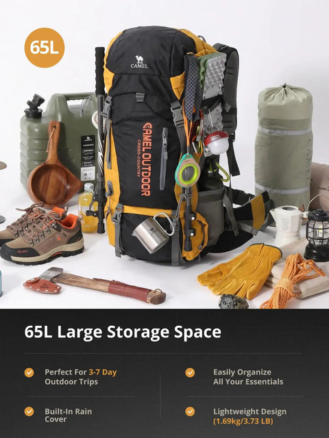 65L Internal Frame Hiking Backpack With Rain Cover For Camping, Waterproof Daypack For Men And Women, Built Tough In 900D Nylon, TearProof Build, YKK Zippers, Ideal For Hiking And Backpacking against camping gear backdrop