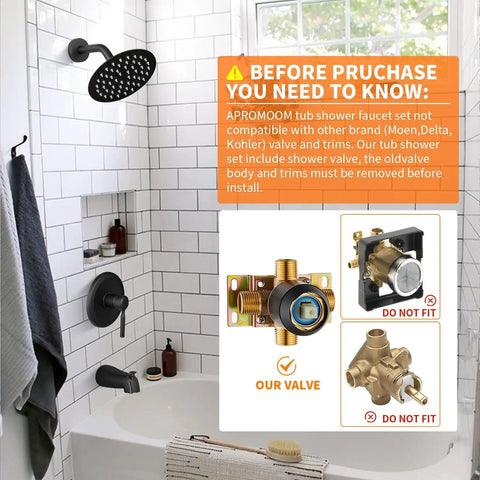 Badass Matte Black Tub And Shower Faucet Set With Valve Included Features Six Inch Rain Shower Head in modern bathroom setup.