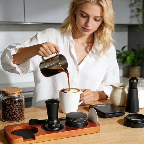 Seven Piece Espresso Tamper Kit Designed For 51mm Filter Cups Portable Coffee Press Tools on kitchen counter with coffee preparation.