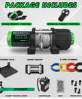 Package contents of 4500 Lb 12V Waterproof Electric Winch For ATV UTV With Steel Cable and accessories displayed.