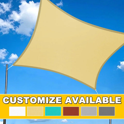 Waterproof Sun Shade Sail 10x13 Feet Rectangular Dark Grey UV Blocking Canopy For Outdoor Patio Deck And Yard With Curved Edges Shade Cloth Weatherproof Rain Shade Customizable Fit displayed in beige with color options