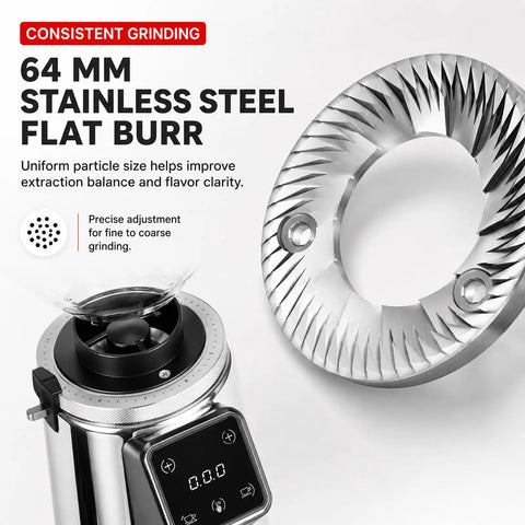 Top Tier Commercial Espresso Grinder Featuring 64Mm Stainless Steel Flat Burrs Timed Dosing Button Bright Digital Display Rugged Silver Build Shot Ready Grind Consistency close-up of 64mm burrs and digital controls.