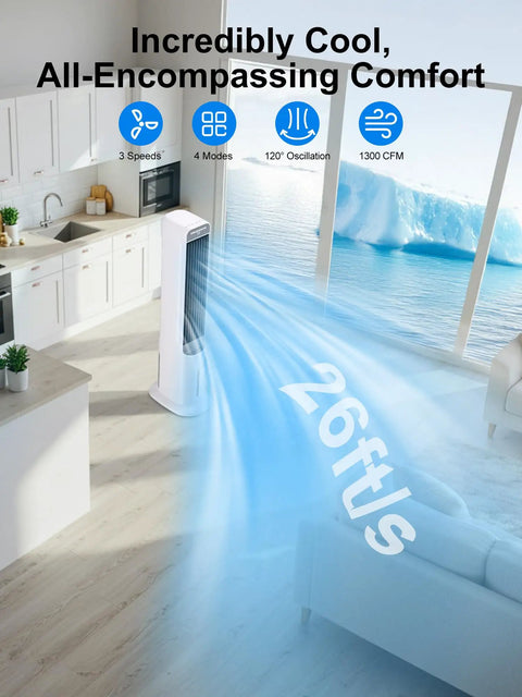 Portable Swamp Cooler Evaporative Air Conditioner 41 Inch With 120 Degree Oscillation in modern living room