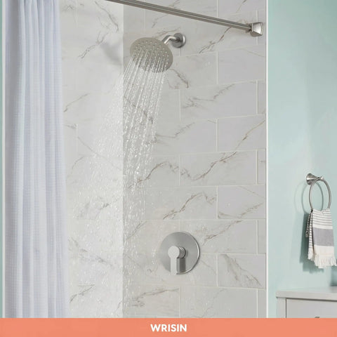 Heavy Duty Brushed Nickel Shower Faucet Set With High Pressure 6 Inch Rain Showerhead and Rock Solid Valve Kit in a modern shower.