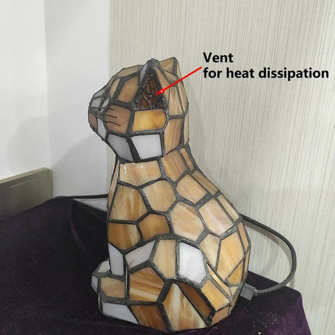 Cute Cat Tiffany Style Stained Glass Accent Table Lamp Cozy Night Light For Home Decor Yellow One Cat Design side view