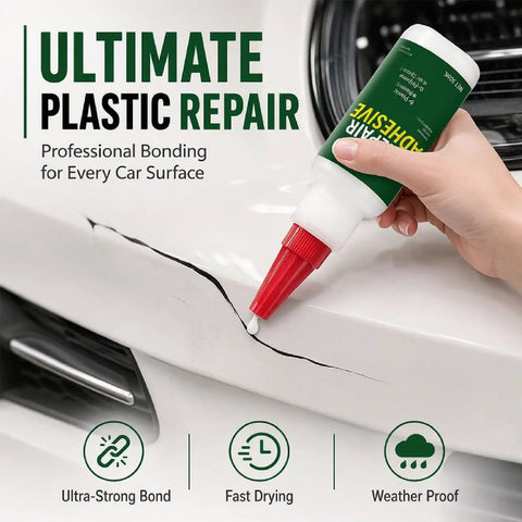 Two Pack Car Bumper Repair Adhesive fixing busted plastic being applied to a crack on a car bumper for durable repairs.
