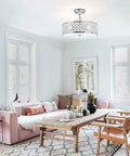 Crystal Chrome Ceiling Light Fixture With 3 Lights Flush Mount Round 15 Inch Chandelier in a stylish living room